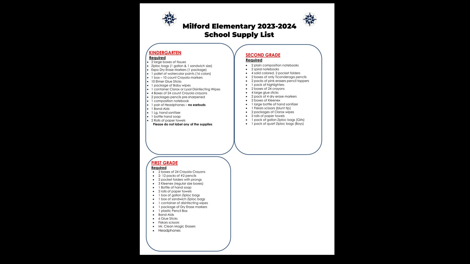 Milford Elementary 2023-2024 School Supply List